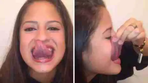 SEE The Girl With The Long TONGUE Who Can Even Lick Her Own Eye lashes (Photos)